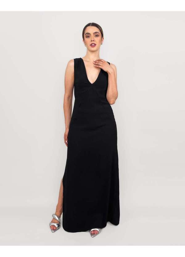 Conigli Design - Vestido Longo Pisa Decote V sem Manga Liso Crepe Preto