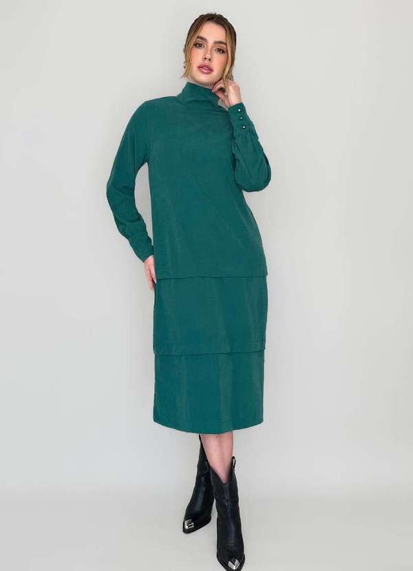 Conigli Design - Vestido Midi Florenca Gola Alta Manga Longa Verde