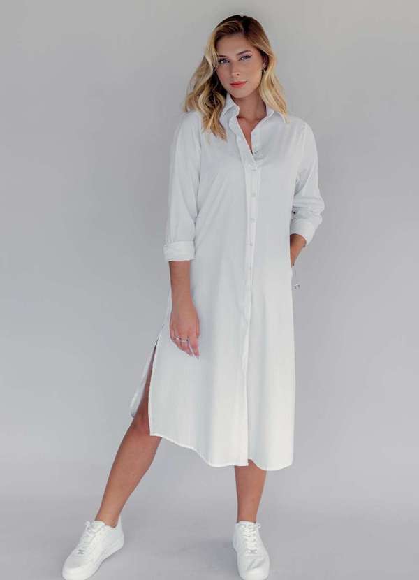 Conigli Design - Vestido Midi Sidney Chemise Tricoline Manga Longa Liso Caqui Branco