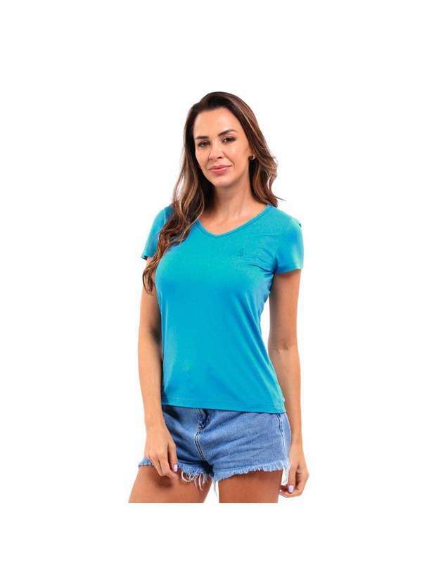 John Pull - Camiseta Feminina Básica Gola V Viscose Dry Manga Curta Azul Mediterrâneo