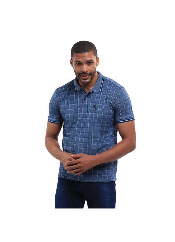 John Pull - Camisa Gola Polo Masculina Xadrez Manga Curta Algodão Marinho