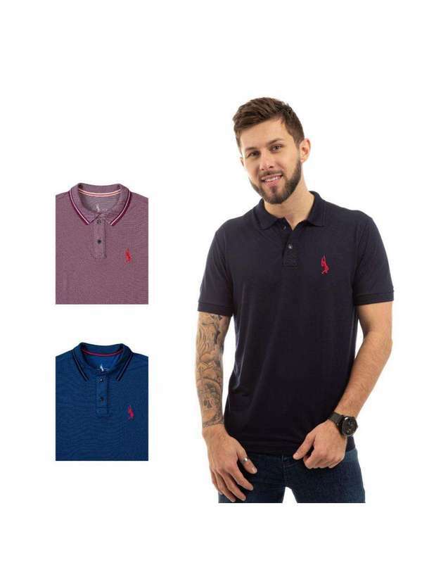 John Pull - Kit 3 Camisa Gola Polo Masculina Casual Moderna Reta Estilo Preto/Bordô