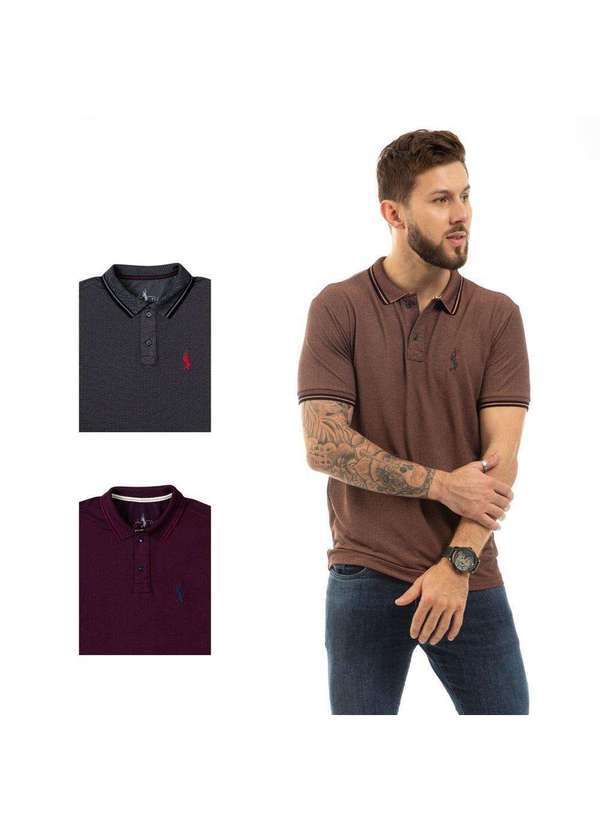 John Pull - Kit 3 Camisa Gola Polo Masculina Casual Reta Estilo Moderna Chumbo/Marrom