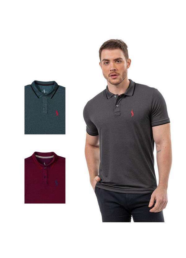 John Pull - Kit 3 Camisa Gola Polo Masculina Casual Reta Estilo Moderna Chumbo/Vermelho
