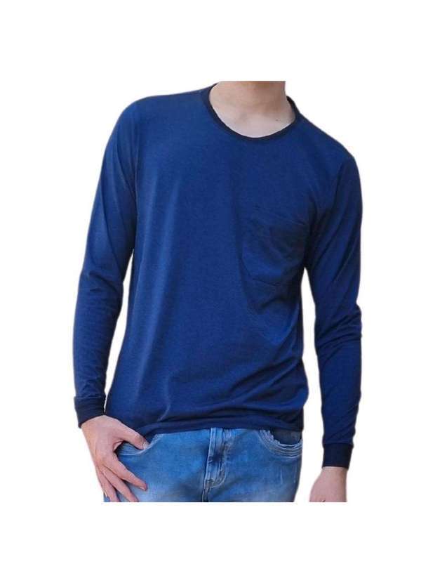 John Pull - Camiseta Masculina Manga Longa Punho Bolso Básica Casual Azul 2