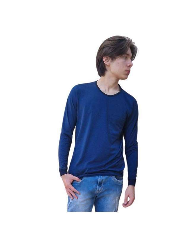 John Pull - Camiseta Masculina Manga Longa Punho Bolso Básica Casual Azul 4