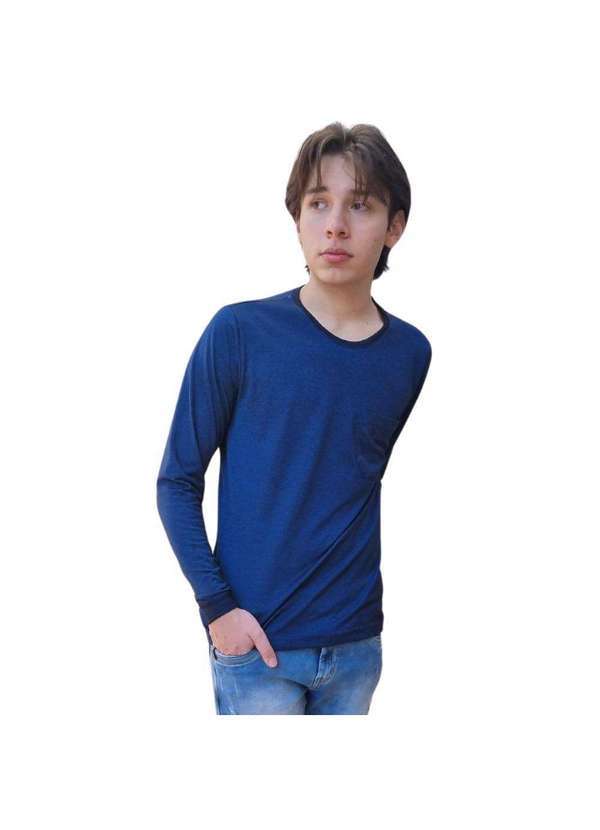 John Pull - Camiseta Masculina Manga Longa Punho Bolso Básica Casual Azul 5