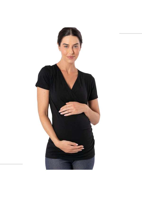 Simple Mama - Blusa Transpassada Gestante para Amamentar Longuete Decote V Preto