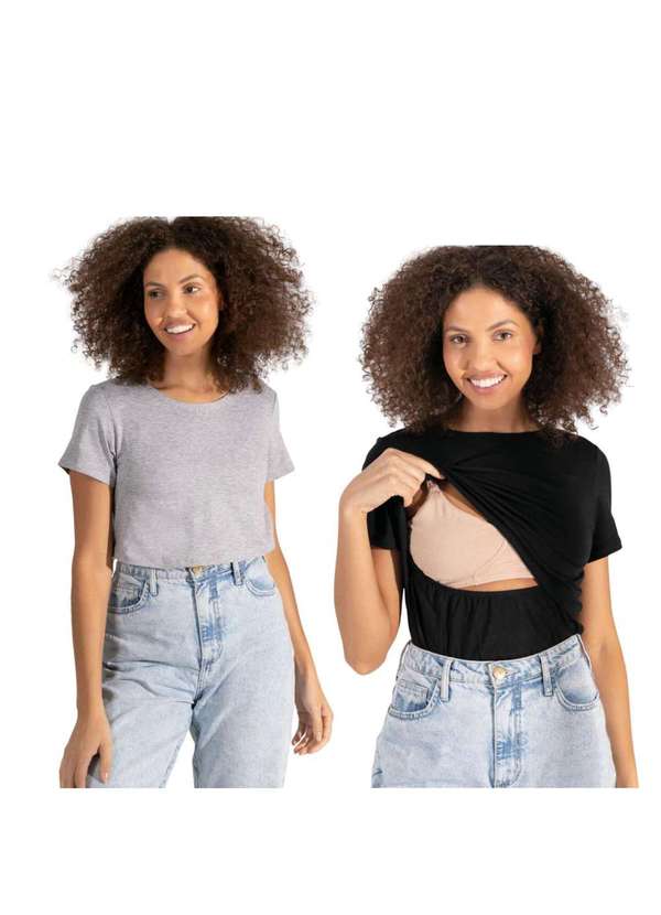 Simple Mama - Kit 2 Blusas Amamentação Cores Premium Gestante Manga Curta Preto