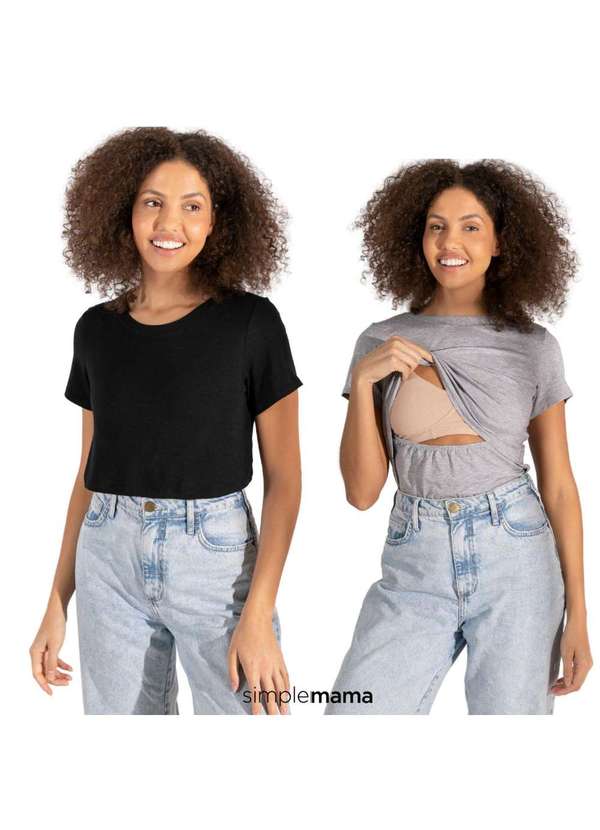 Simple Mama - Kit 2 Blusas Amamentação Cores Premium Gestante Manga Curta Preto 2