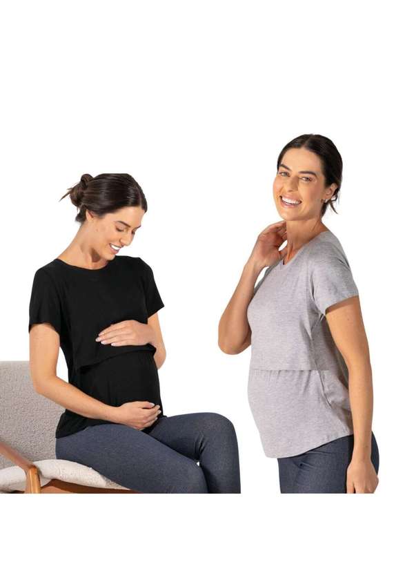 Simple Mama - Kit 2 Blusas Amamentação Cores Premium Gestante Manga Curta Preto 3