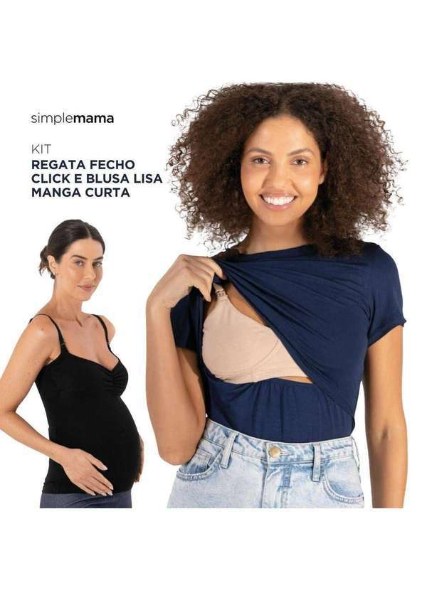 Simple Mama - Kit Regata Fecho Click e Blusa Manga Curta para Amamentar Azul