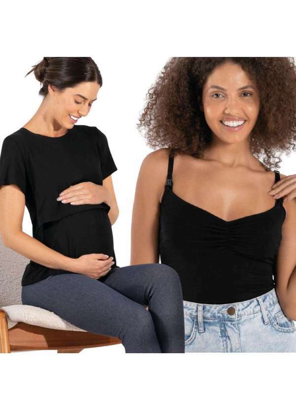 Simple Mama - Kit Regata Fecho Click e Blusa Manga Curta para Amamentar Preto