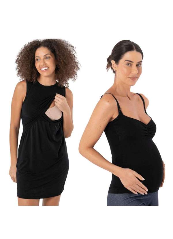 Simple Mama - Kit Regata Fecho Click e Vestido Regata Soltinho Gravidez Preto