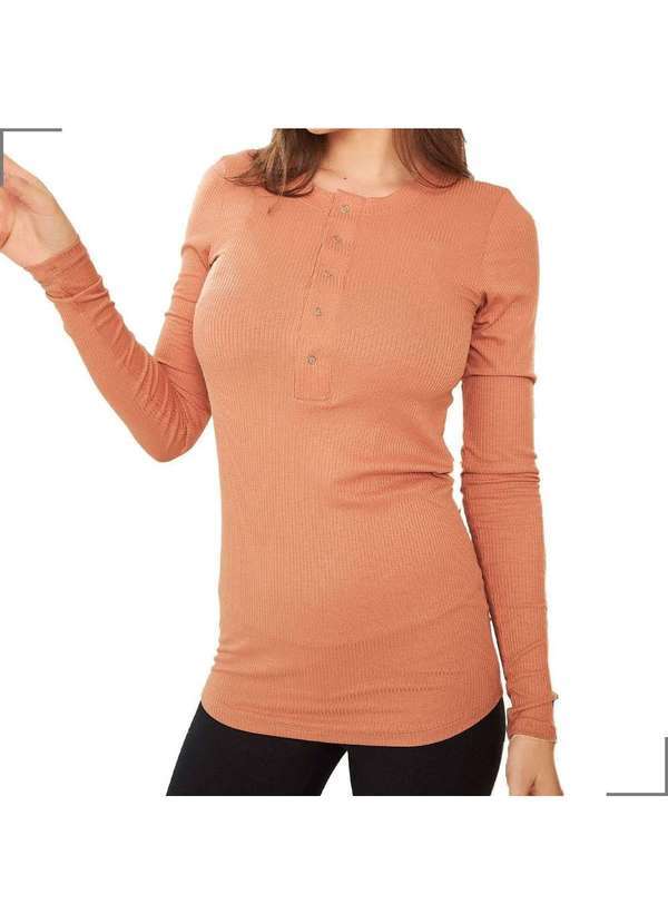 Simple Mama - Blusa Gestante Manga Longa Canelada Amamentação Marrom