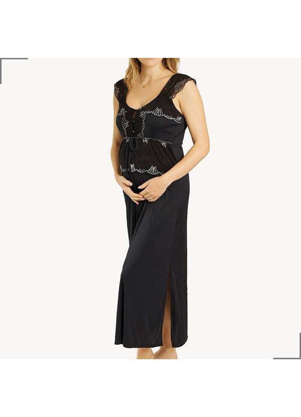 Simple Mama - Camisola Maternidade Longa Renda Elegante Leve Preto