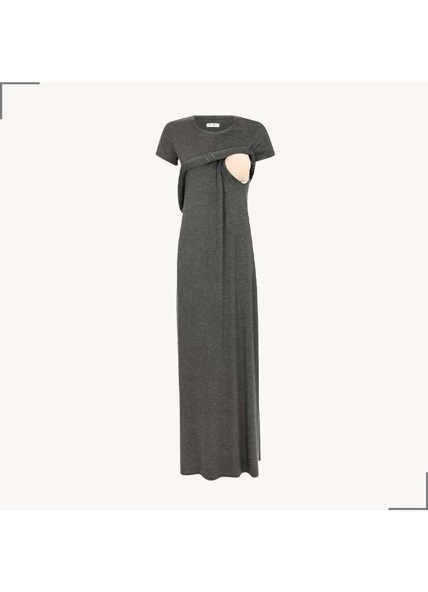 Simple Mama - Vestido Amamentacao Amarracao Frontal Pós Parto Longo Cinza 3