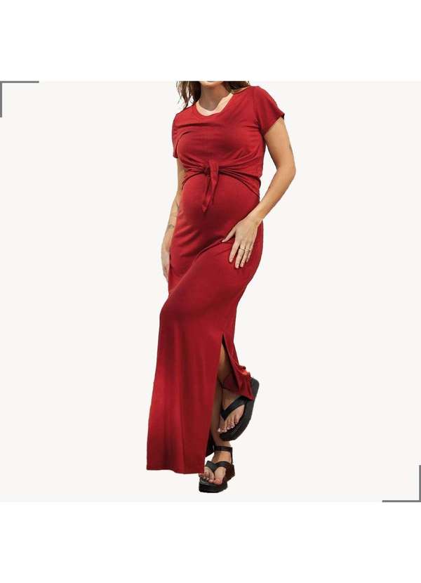 Simple Mama - Vestido Amamentacao Amarracao Frontal Pós Parto Longo Marrom 4