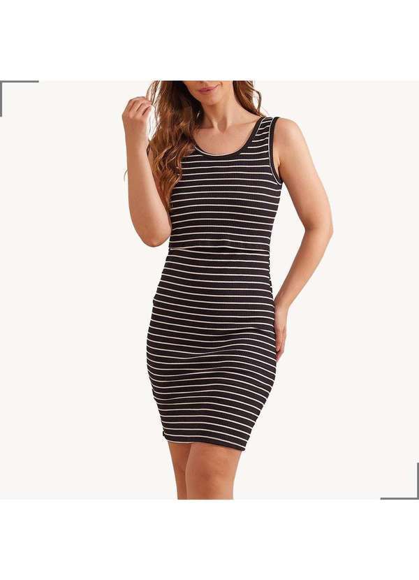 Simple Mama - Vestido Amamentacao Regata Canelado Curto Listrado Preto Preto