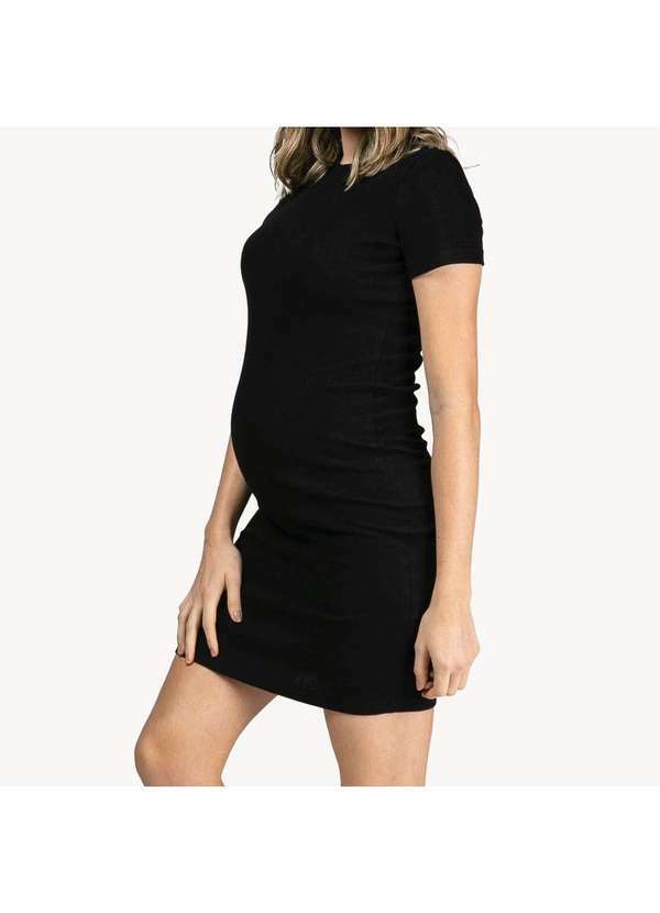 Simple Mama - Vestido Gestante Ribana Canelado Manga Curta Preto