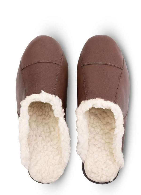 Enluaze - Chinelo Pantufa em Couro Unissex Forrada com Pelo 6101 Café