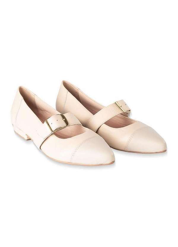 Andrea Vinci - Sapatilha Bico Fino em Couro com Biqueira e Fivela Flora Marfim