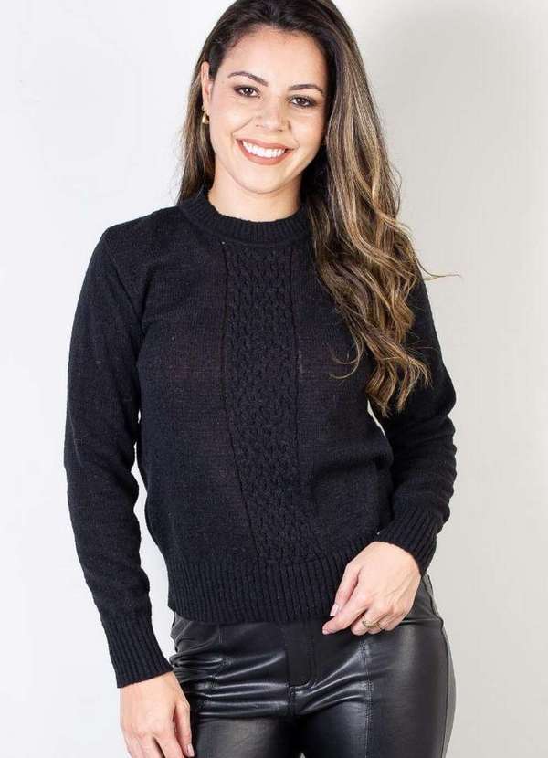 Domizia - Suéter Feminino de Malha Detalhe Trançado 61570 Preto