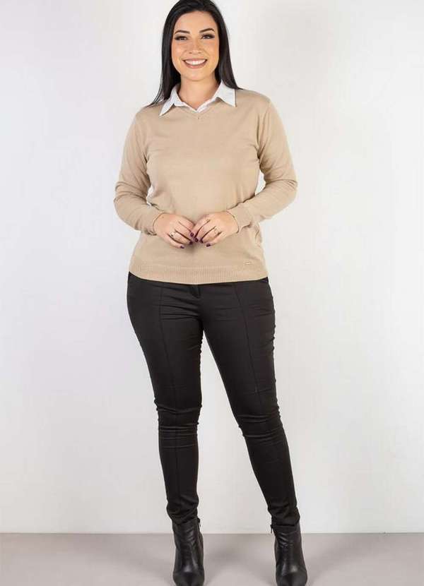 Domizia - Suéter Feminino de Malha Gola V 60004 Bege 4