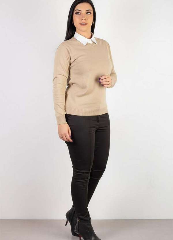 Domizia - Suéter Feminino de Malha Gola V 60004 Bege 5