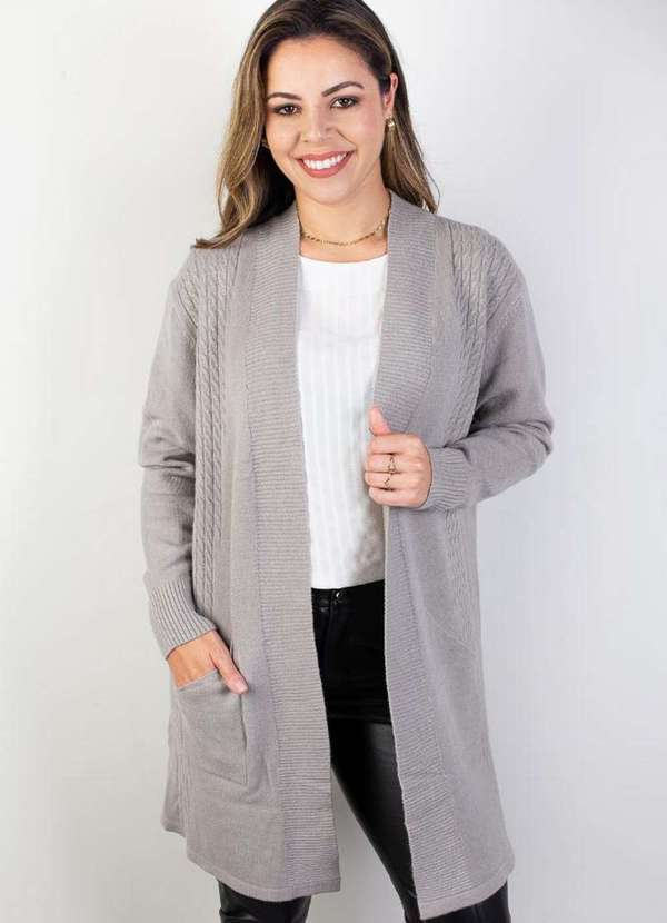 Fluffy - Cardigan Alongado Feminino com Bolsos 81131 Amêndoa