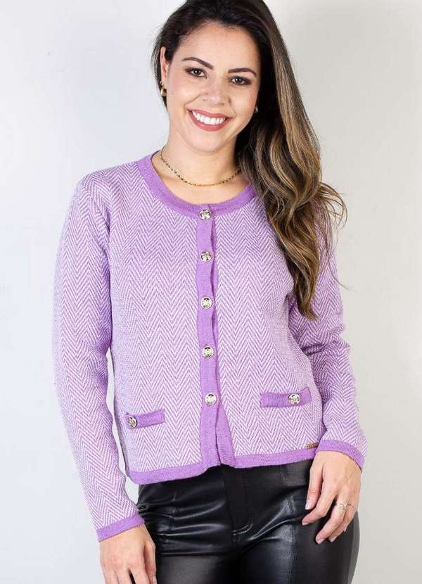 Domizia - Casaco Feminino de Malha com Botões 61512 Lilás/Branco
