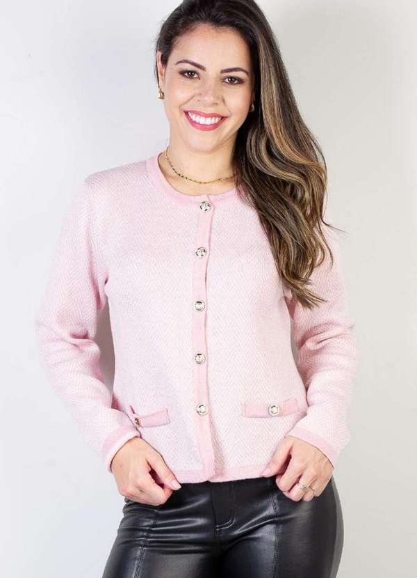 Domizia - Casaco Feminino de Malha com Botões 61512 Rosa/Branco