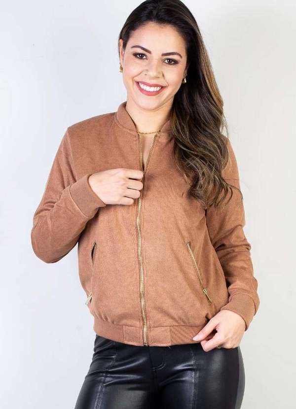 Jaqueta Feminina Suede Forrada com Bolsos 70414 Marrom Claro Enluaze