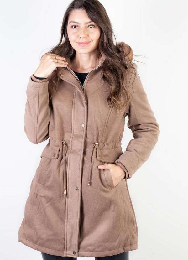 Jaqueta Feminina Lã Batida Sintética com Capuz 84135 Bege Enluaze