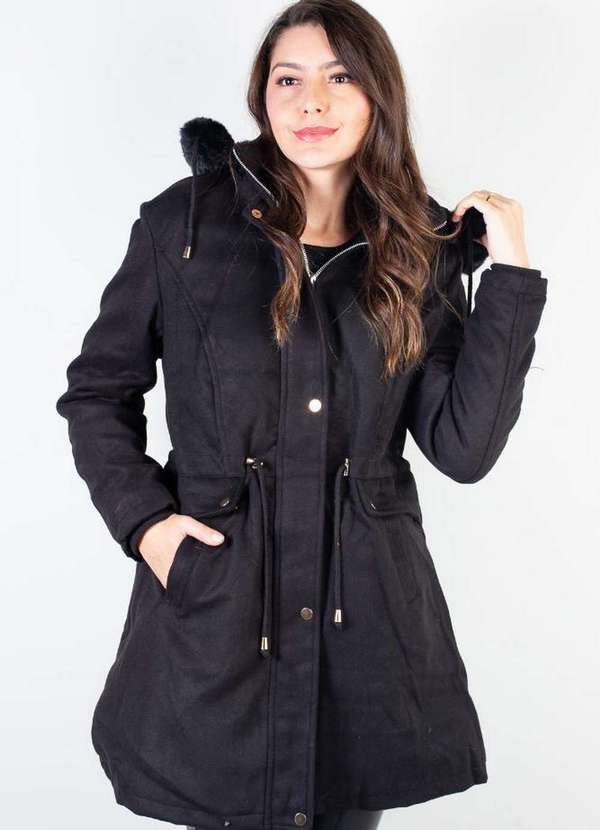 Jaqueta Feminina Lã Batida Sintética com Capuz 84135 Preto Enluaze