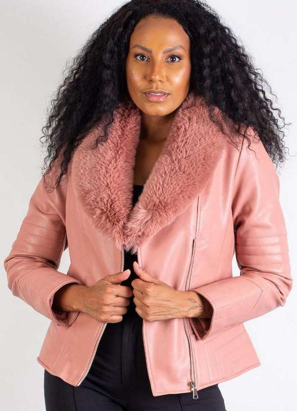 Jaqueta Feminina Pu com Pelo Material Sintético 80428 Rosa Enluaze