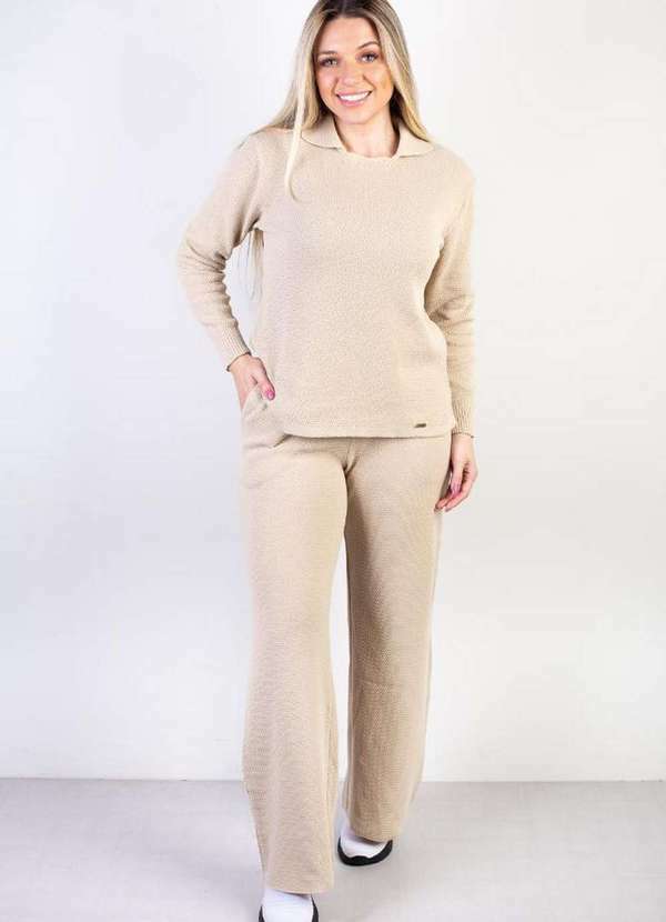 Domizia - Conjunto Feminino de Malha Blusa e Calça Reta 61611 Bege