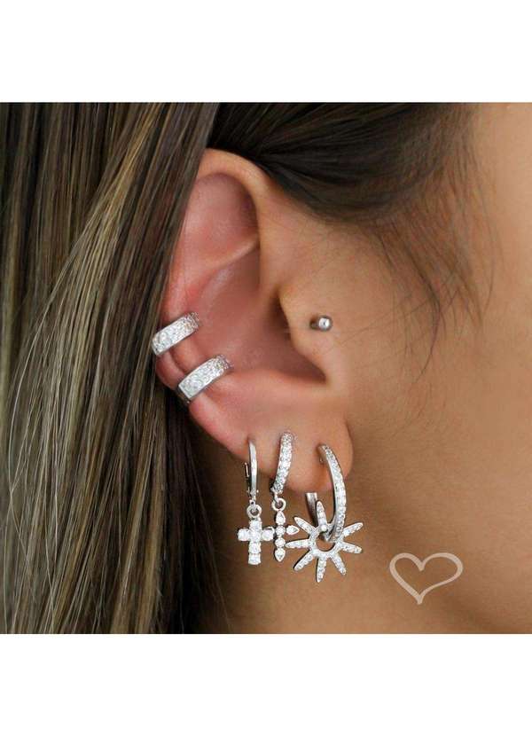 Piuka - Brinco Argolinha Zirconia e Cruz Folheado em Rodio Branco Prata 2