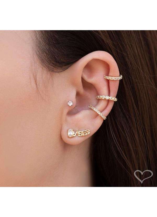 Piuka - Brinco Ear Cuff Assimetrico Zirconia Folheada a Ouro 18k Dourado 2