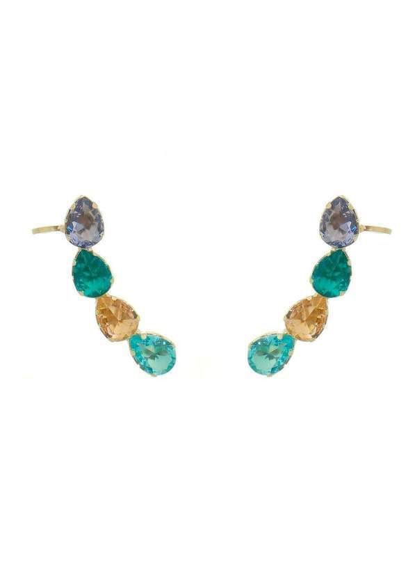 Piuka - Brinco Ear Cuff Gotas Zirconia Coloridas Folheada a Ouro 18k Dourado