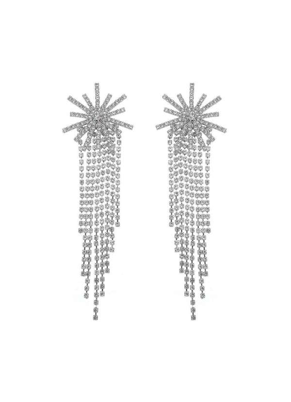 Piuka - Brinco Estrela Franjas Strass Folheado em Rodio Branco Prata