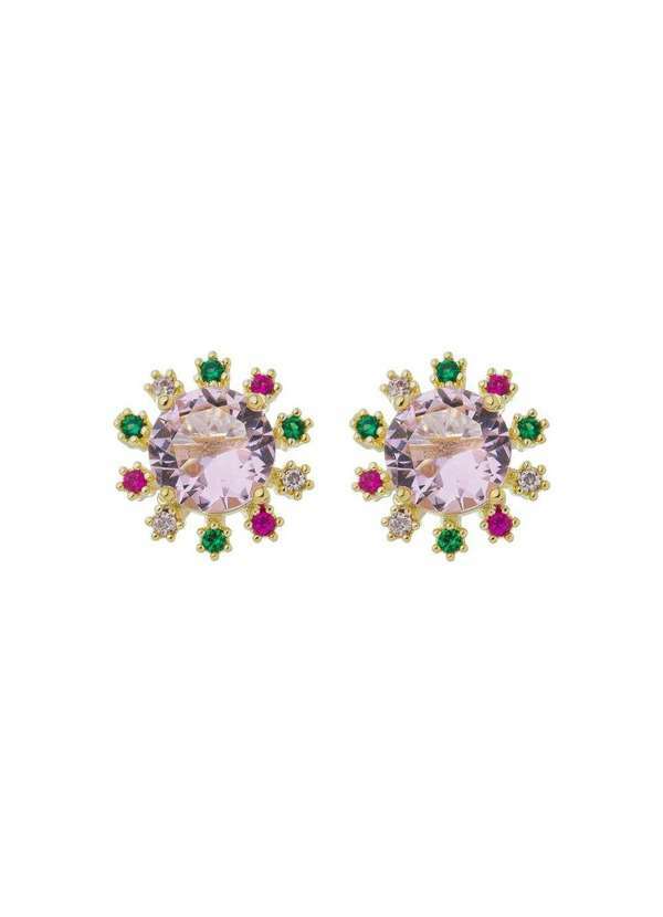 Piuka - Brinco Ponto de Luz Zirconia Rosa Folheada a Ouro 18k Dourado