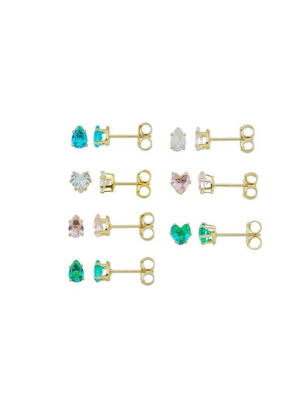 Piuka - Kit 7 Brincos Semaninha Zirconia Colorida Folheada a Ouro 18k Dourado