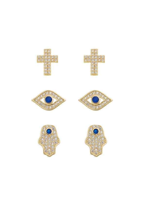 Piuka - Trio de Brincos Olho Grego Mao Hamsa e Cruz Folheada a Ouro 18k Dourado