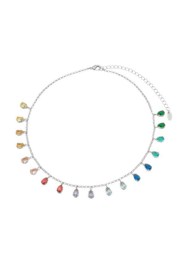 Piuka - Choker Gotas Zirconia Coloridas Folheada em Rodio Branco Prata