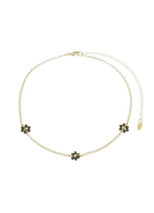 Piuka - Choker Lira Mini Flor Zirconias Preta Folheada a Ouro 18k Dourado