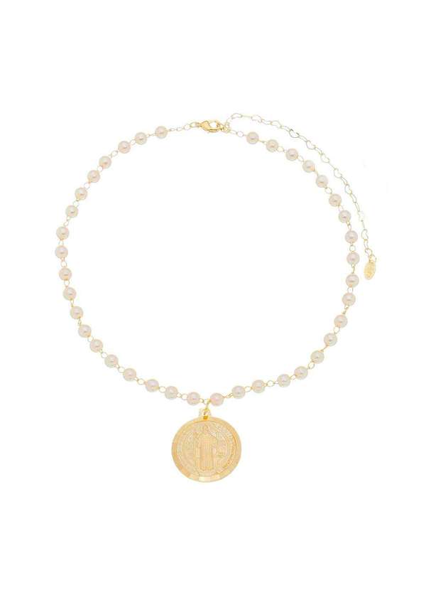 Piuka - Choker Medalha Sao Bento Perolas Folheado a Ouro 18k Dourado