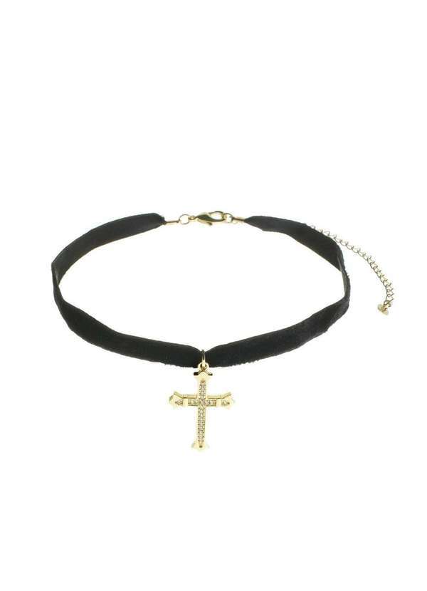 Piuka - Choker Zoe Veludo Preto Cruz Gotica Folheado a Ouro 18k Dourado