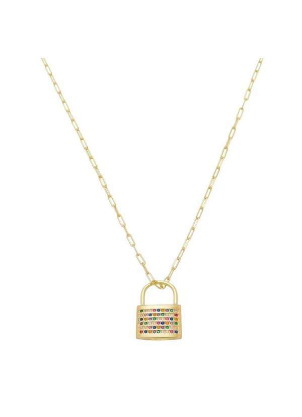 Piuka - Colar Feminino Cadeado Zirconia Coloridas Folheada a Ouro 18k Dourado