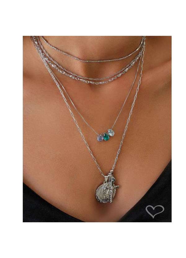 Piuka - Colar Longo Medalha Amuletos Folheado em Rodio Branco Transparente 2